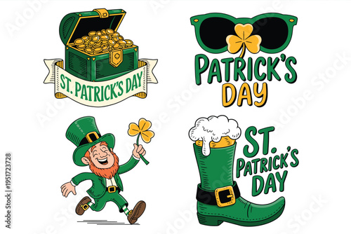 Green hat leprechaun and shamrocks for St Patricks Day celebration