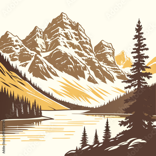 Mountain Landscape with Pine Trees and Lake nature