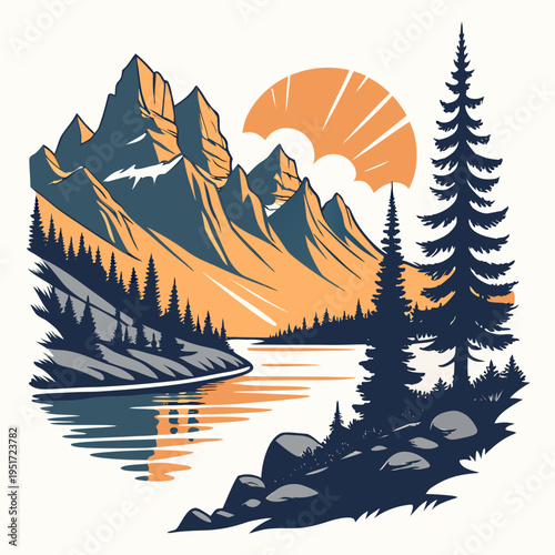 Mountain Scene with Lake and Pine Trees at Sunset landscape