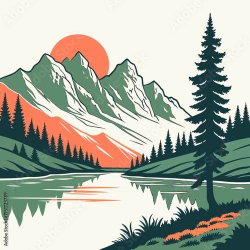 Mountain Scene with Lake and Pine Trees at Sunset landscape
