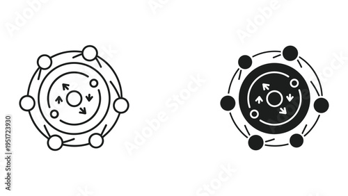 Circular Diagram with Arrows and Nodes: Business Process Flow, Data Flow, Network Structure, Abstract Concept