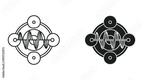 Abstract waveform graphic with nodes and circles, line art and solid fill versions