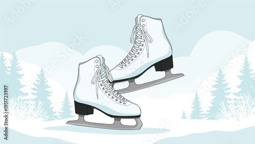 Pair of classic white figure ice skates with laces shown against a blurred winter landscape of pine trees and snowy hills in soft blue tones.
