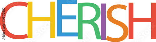 Cherish word with rainbow colors in chunky letters on checkered background