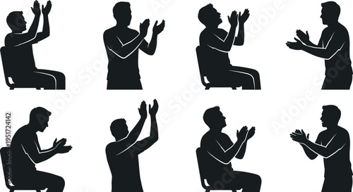 Silhouette people clapping in different poses, seated and standing, applauding gesture for celebration, approval, appreciation concept illustration