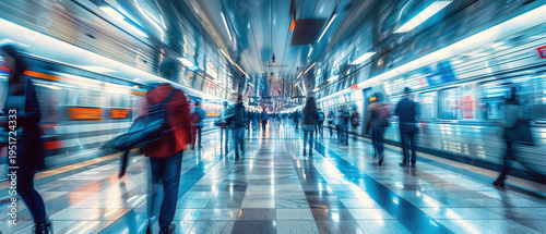 Wide angle view of commuters moving through a modern train station with motion blur, showing urban transport flow, daily travel routine and fast paced city life.