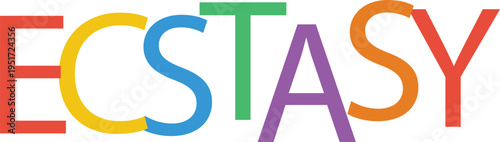 Ecstasy word design in bright primary colors with clean sans serif font