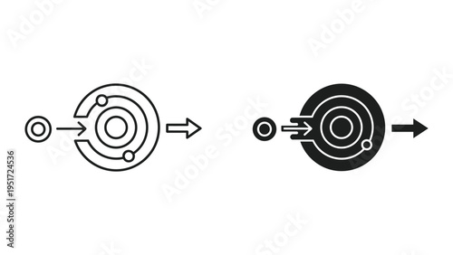 Abstract Target Icon with Arrow, representing goal, focus, progress, and success, line and fill versions