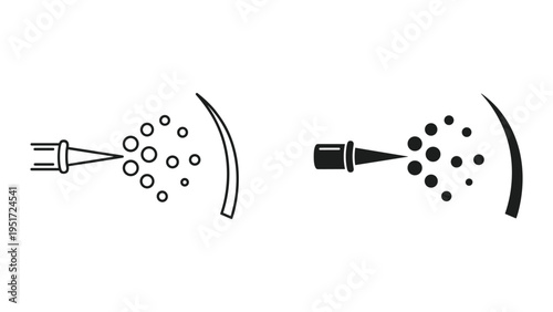 Spray nozzle icon spraying droplets, line art and solid silhouette, isolated on white background