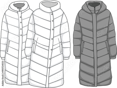 Women long hooded puffer coat technical fashion flat quilted winter jacket vector illustration