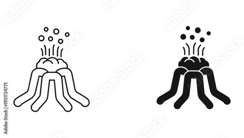 Volcano Icon Set: Line Art and Solid Black Styles for Eruption and Geology