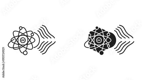 UV Atom Radiation Icon Set: Line Art and Solid Black Style for Science and Technology Concepts