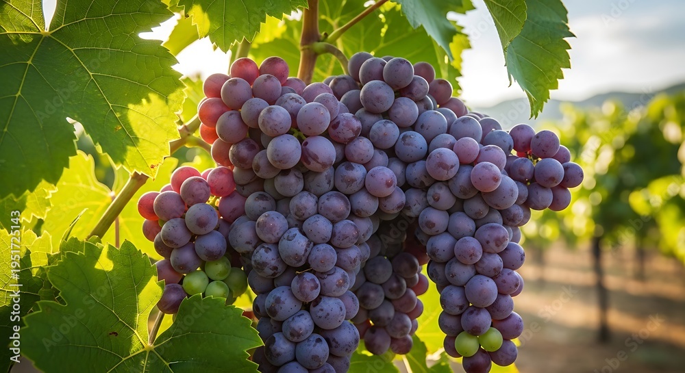 Fototapeta premium A vibrant cluster of ripe reddish purple grapes hangs from a vine in a sunlit vineyard
