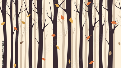 Atmospheric autumn forest scene showing dark vertical tree trunks and colorful leaves falling against a soft warm beige background.
