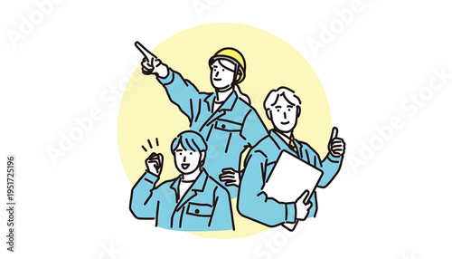 Workers in blue uniforms and hard hats pointing and giving a thumbs up, signifying teamwork and progress towards goals.