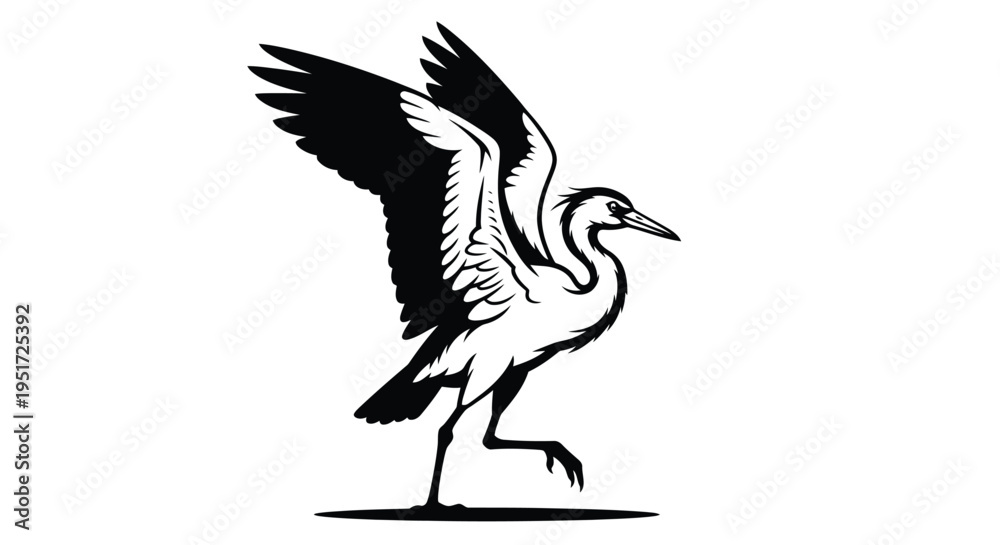 Fototapeta premium Black and white illustration of a heron with wings spread
