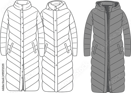 Women long quilted puffer coat technical fashion flat with hood front and back vector illustration