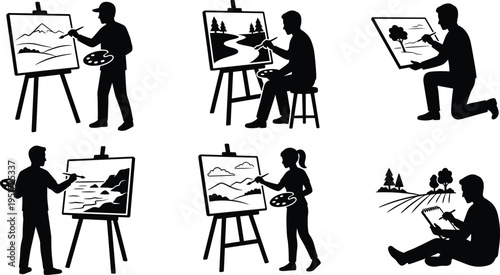 Silhouettes of artists painting and sketching landscapes on easels and outdoors, creative illustration of artistic expression