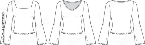 Women long sleeve blouse technical fashion flat with scalloped hem front and back vector illustration