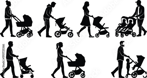 Silhouettes of adults pushing baby strollers in various styles including single and double strollers, childcare concept