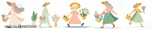 vector of grandmother walking carrying a basket of flowers in spring
