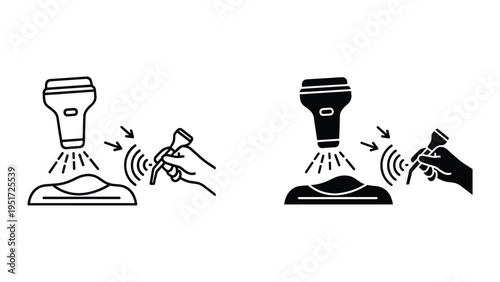 Ultrasound Scan Icon: Hand Holding Probe, Transducer Sends Waves to Body Part