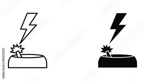 Lightning Bolt Strikes Fuse on Dynamite Stick Icon Set - Black and White Line Art and Silhouette