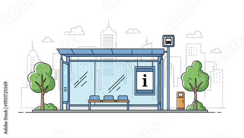 Minimalist illustration of a modern city bus stop with a glass shelter bench and information sign against a light urban skyline background.