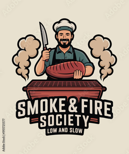Vector illustration of chef grilling meat, Smoke & Fire Society logo