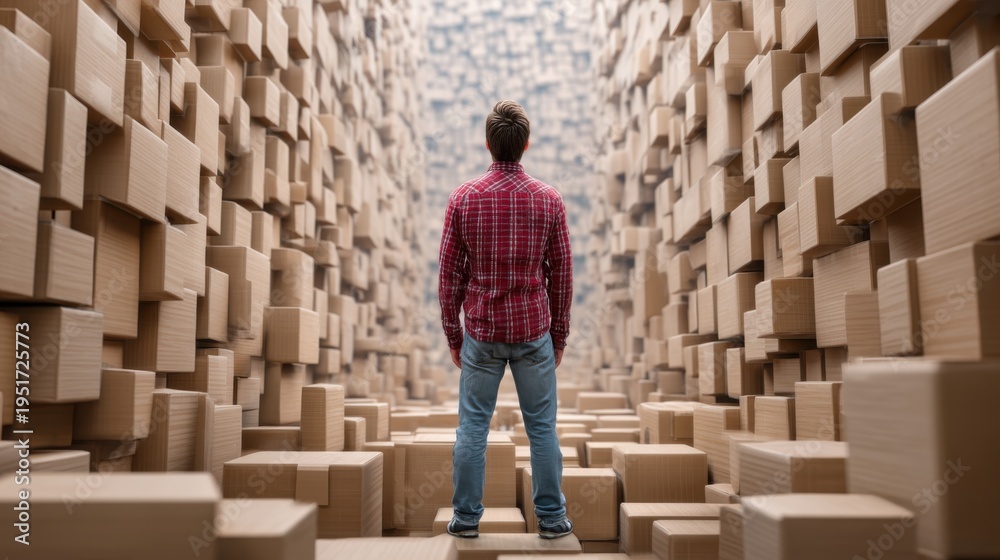 Naklejka premium Overwhelmed Man Standing Amidst Stacks of Cardboard Boxes, Representing Logistics Challenges and Supply Chain Management