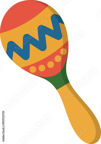 A colorful maraca with yellow, red, green, and blue patterns on a transparent  background