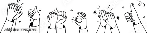 Clapping hands line art seamless pattern with varied gesture doodle. Minimal black white illustration for applause concept. Clean vector background for branding.