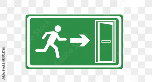 Green exit sign with running person icon and open door.