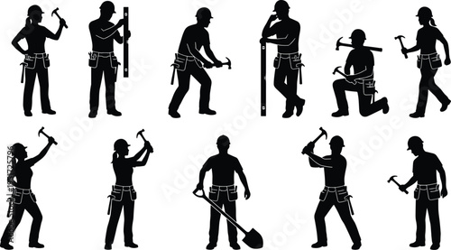 Construction worker silhouette vector set with builders, handymen, and contractors using tools like hammers, shovels, and levels for industrial labor icons.
