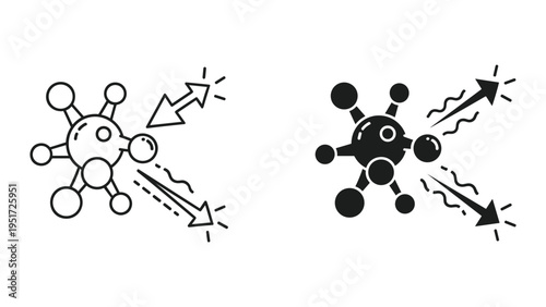 Chemical reaction icons: molecule with incoming and outgoing energy arrows, line art and solid fill
