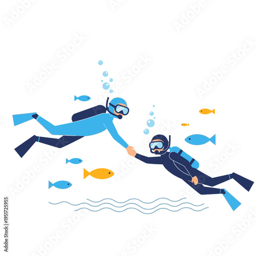 Two divers holding hands underwater, surrounded by fish and bubbles, exploring the ocean.