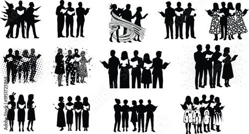 Choir singing people silhouettes set with vocal group performers holding music sheets, choral singers concert performance characters isolated on white background