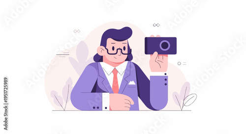 Person in suit holding camera, stylized foliage, abstract shapes