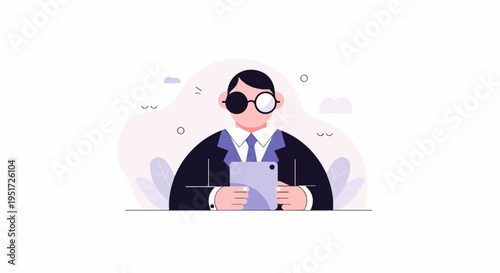 Person in suit with eye patch and glasses holds tablet