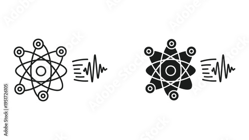 Atom Icon with Waveform and Filled Atom Icon with Waveform Isolated on White Background