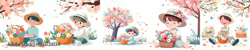 vector little boy sitting with a basket of flowers in spring