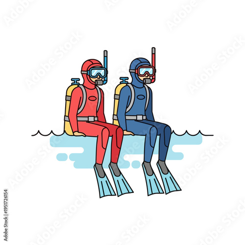 Two divers in wetsuits sitting on the edge of the water with scuba gear