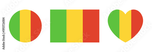 Mali heart, round, rectangular country flag icons. Set of National Mali heart shaped, circle, rectangle flags badge, sticker. Republic of Mali circular shape button, banner.