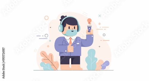 Person in suit with headphones, face mask, and coffee enjoys nature