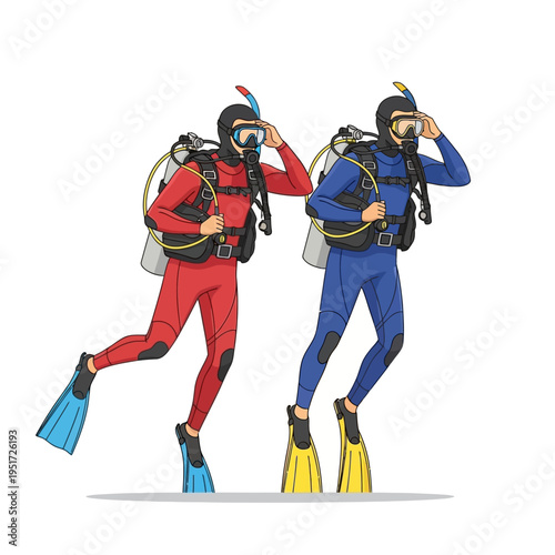 Two divers in wetsuits and scuba gear looking into the distance underwater