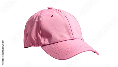 Pink baseball cap, angled, isolated on black background, detailed stitching visible