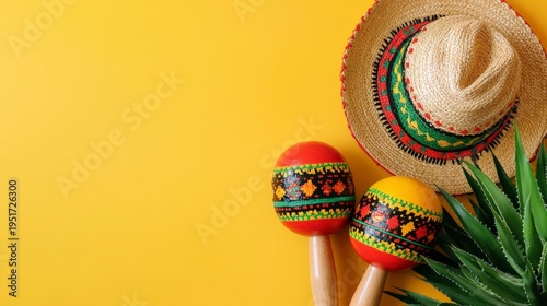 Bright Mexican maracas and a sombrero against a yellow background make an ideal backdrop for festive events or ethnic festivals.