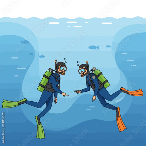 Two divers pointing fingers underwater, communicating with fish in background