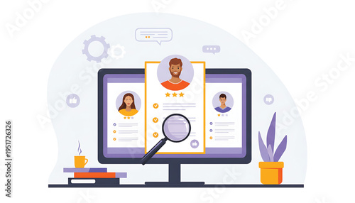 Computer screen displaying user profiles with ratings and magnifying glass, symbolizing job search and candidate evaluation.