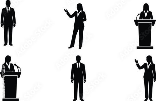 People silhouette vector set featuring men and women exercising, stretching, doing high kicks, and star jumps for fitness workout icons.